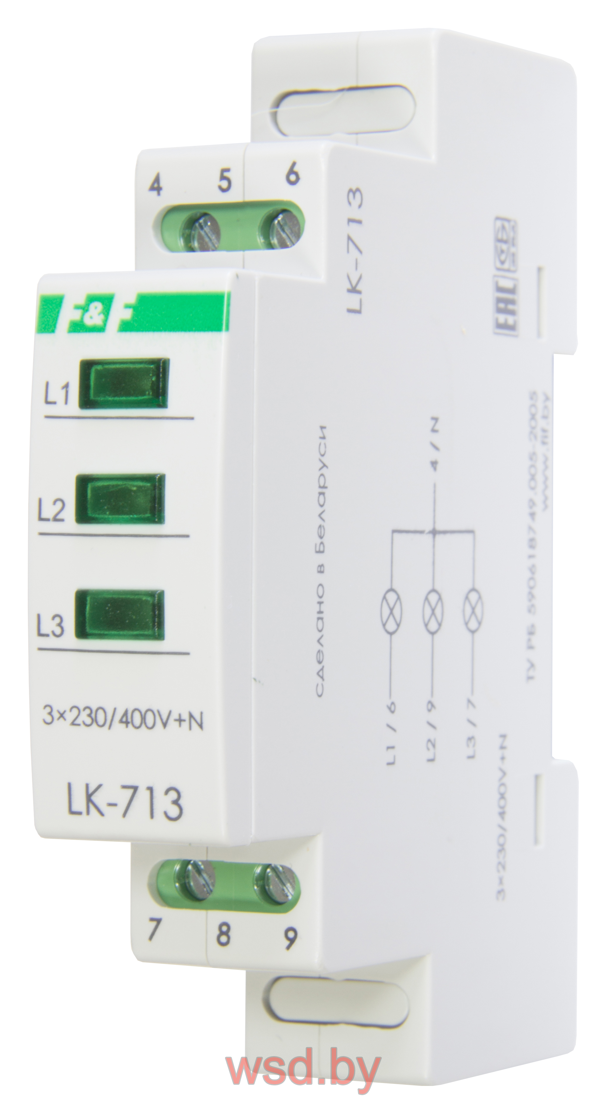 Указатель напряжения LK-713-RRR сигнализация наличия трех фаз, цвет КРАСНЫЙ-КРАСНЫЙ-КРАСНЫЙ,1 модуль, монтаж на DIN-рейке 3х400/230+N IP20